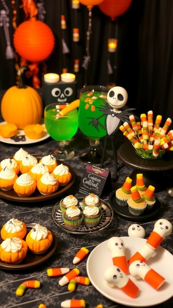 Halloween party table with Jack and Sally themed food including pumpkin cheese balls, ghost cookies, and colorful cupcakes.